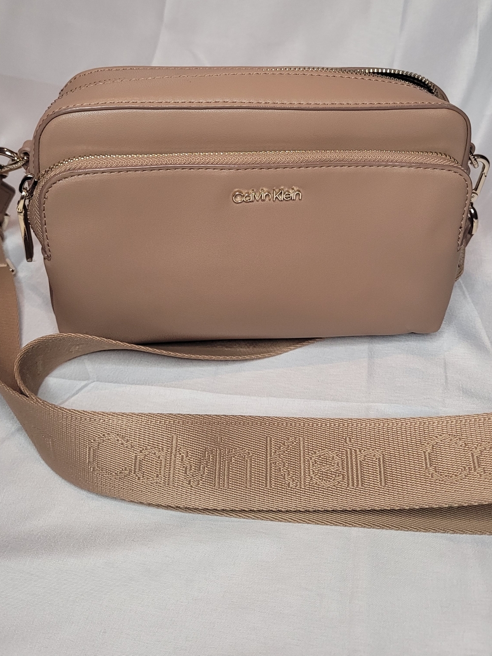 Calvin Klein Tan,Beige Crossbody Bag with Logo Strap